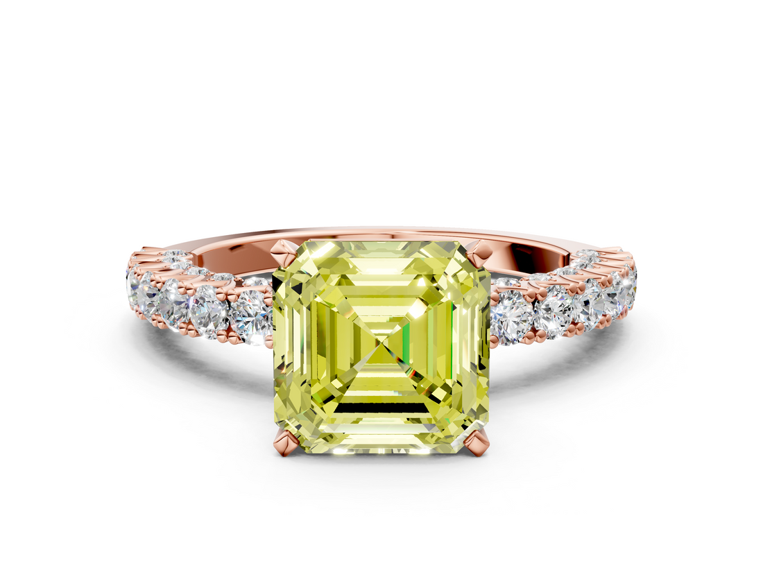Rose gold Fancy Yellow Asscher  Diamond Pavé Band Solitaire Ring with Four-Prong Setting