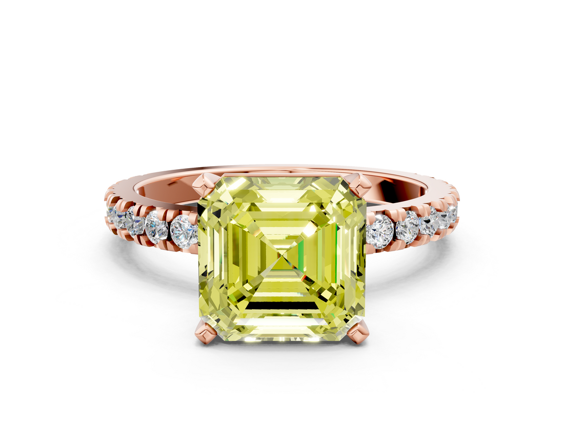 Rose gold Fancy Yellow Asscher  Diamond Pavé Band Solitaire with Four-Prong Setting