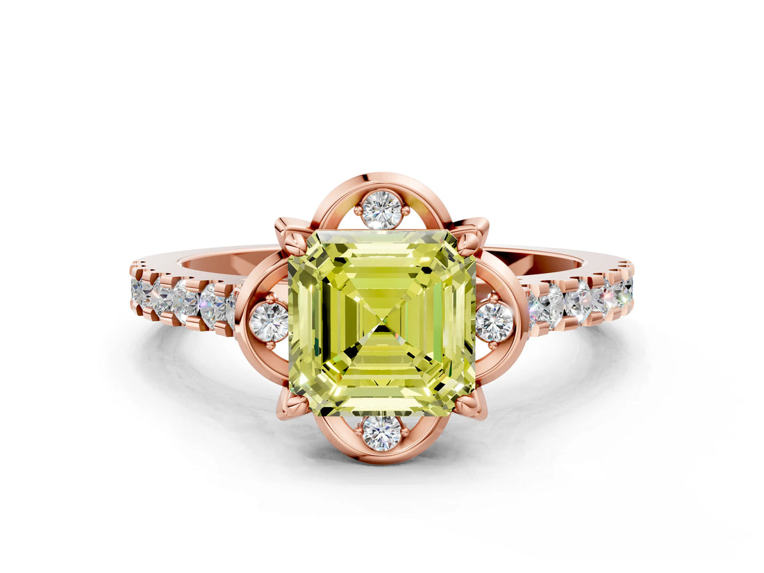 Rose gold Fancy Yellow Asscher  Diamond Pave Band with Floral Prong Setting_27