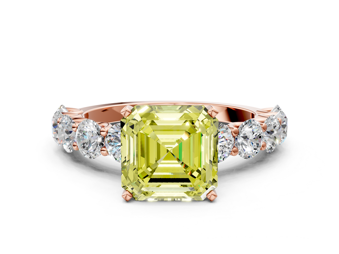 Rose gold Fancy Yellow Asscher  Diamond Prong Setting with Side Stones on a Pave Band