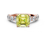 Rose gold Fancy Yellow Asscher  Diamond Prong Setting with Side Stones on a Pave Band