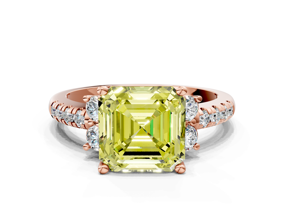 Rose gold Fancy Yellow Asscher  Diamond Three-Stone Pave Band with Four-Prong Setting_17