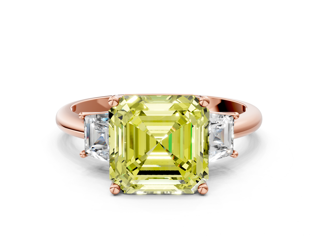 Rose gold Fancy Yellow Asscher  Diamond Three-Stone Ring with Trapezoid Side Stones and Prong Setting_34