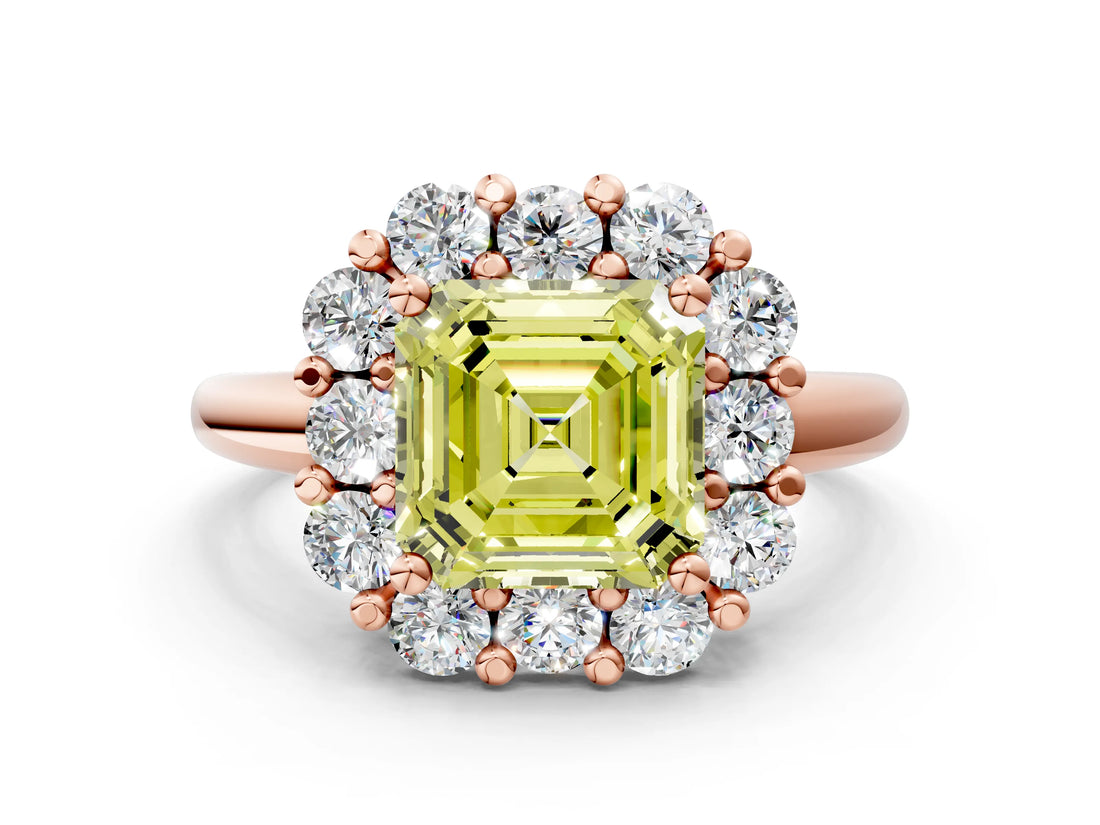 Rose gold Fancy Yellow Asscher  Halo Cluster Diamond Engagement Ring with Prong Setting and Polished Band_20