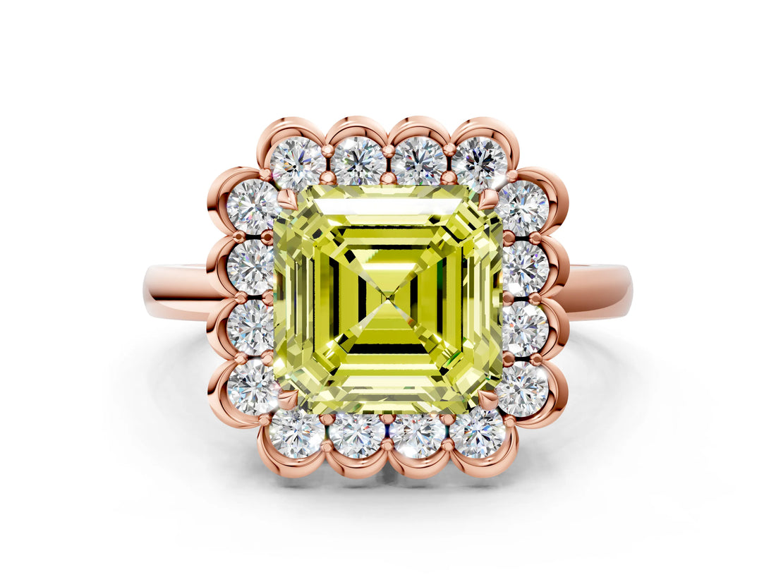 Rose gold Fancy Yellow Asscher  Halo Cluster Diamond Engagement Ring with Solitaire Band and Prong Setting_29