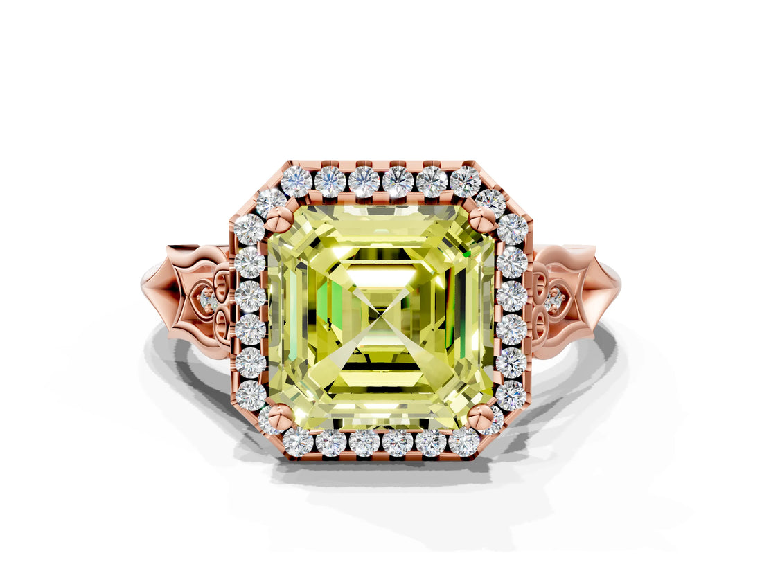 Rose gold Fancy Yellow Asscher  Halo Diamond Engagement Ring with Filigree Band and Four-Prong Setting_69