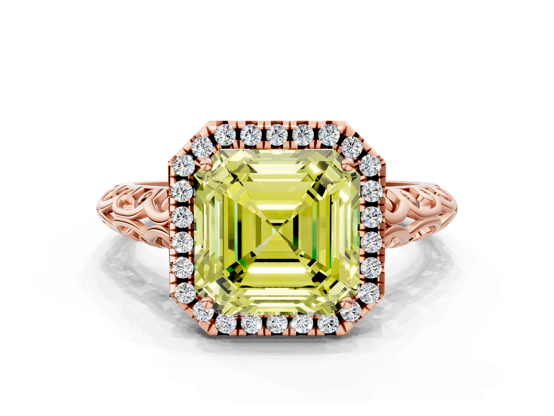 Rose gold Fancy Yellow Asscher  Halo Diamond Engagement Ring with Intricate Filigree Band and Four-Prong Setting_16