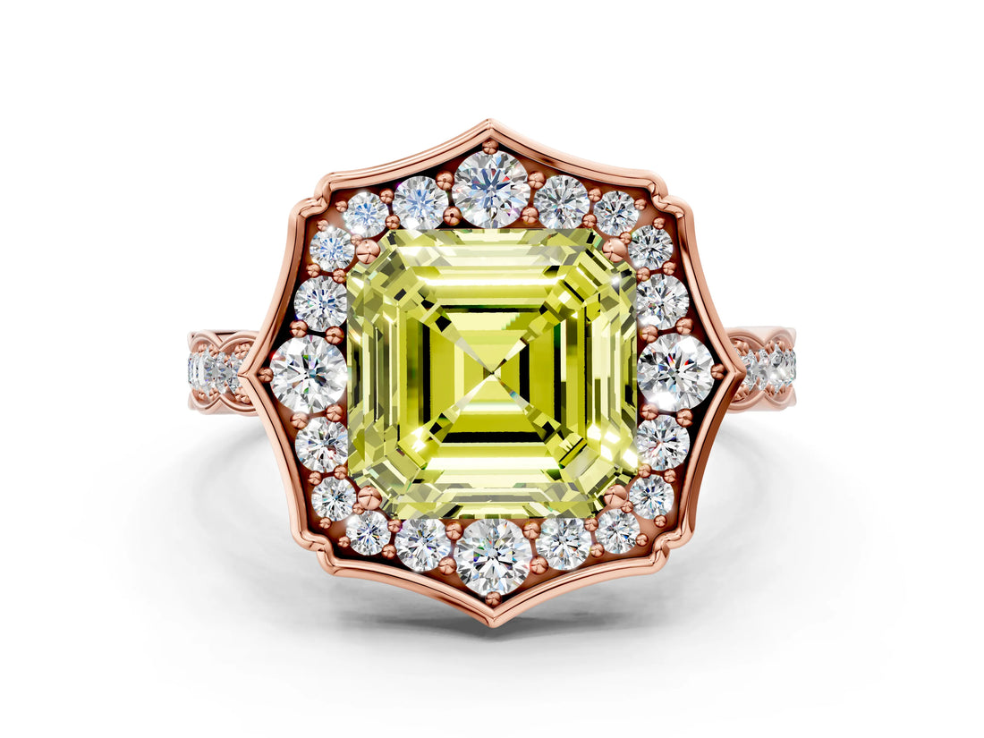 Rose gold Fancy Yellow Asscher  Halo Diamond Engagement Ring with Milgrain Band and Four-Prong Setting_34