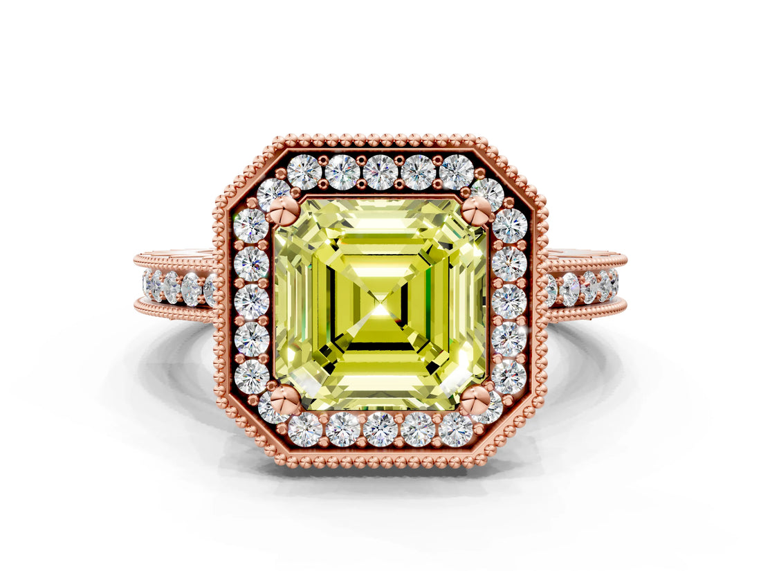 Rose gold Fancy Yellow Asscher  Halo Diamond Engagement Ring with Milgrain Pave Band and Four-Prong Setting_51