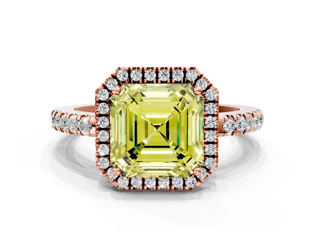 Rose gold Fancy Yellow Asscher  Halo Diamond Engagement Ring with Pavé Band and Four-Prong Setting_45