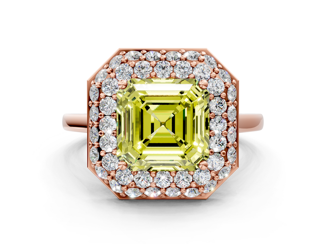 Rose gold Fancy Yellow Asscher  Halo Diamond Engagement Ring with Solitaire Band and Four-Prong Setting_17