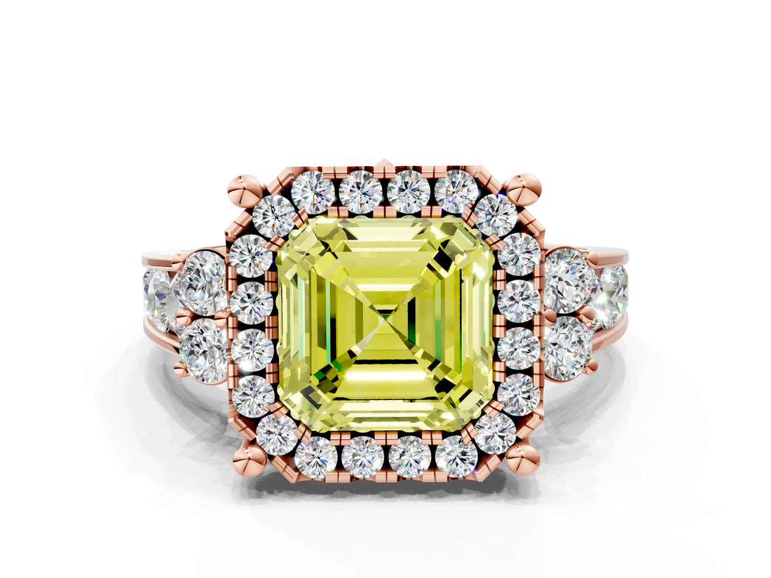 Rose gold Fancy Yellow Asscher  Halo Diamond Engagement Ring with Split Shank and Four-Prong Setting