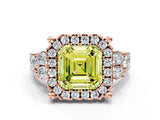 Rose gold Fancy Yellow Asscher  Halo Diamond Engagement Ring with Split Shank and Four-Prong Setting