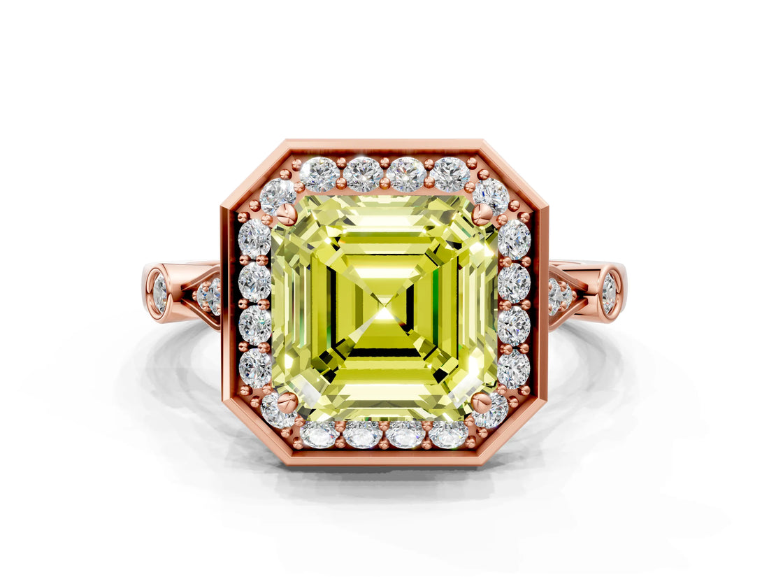 Rose gold Fancy Yellow Asscher  Halo Diamond Engagement Ring with Twisted Band and Four-Prong Setting