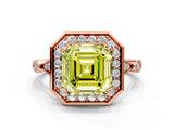 Rose gold Fancy Yellow Asscher  Halo Diamond Engagement Ring with Twisted Band and Four-Prong Setting
