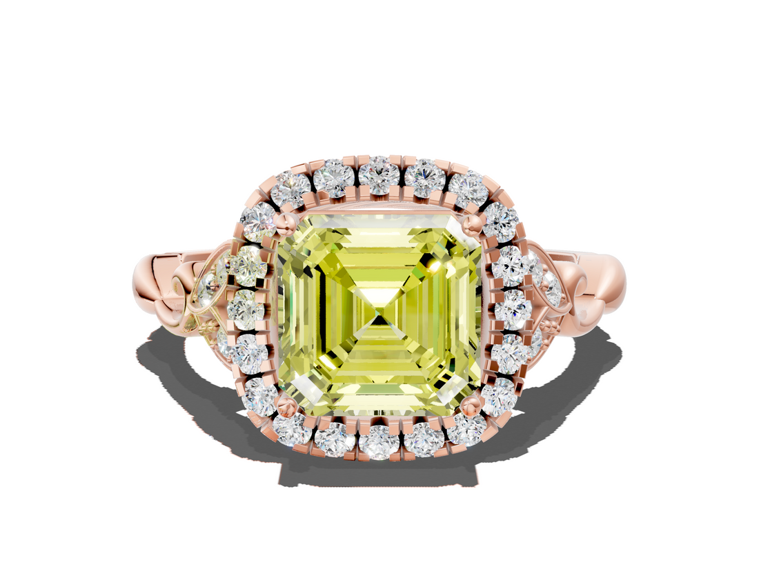 Rose gold Fancy Yellow Asscher  Halo Diamond Engagement Ring with Vintage-Inspired Band and Four-Prong Setting_3