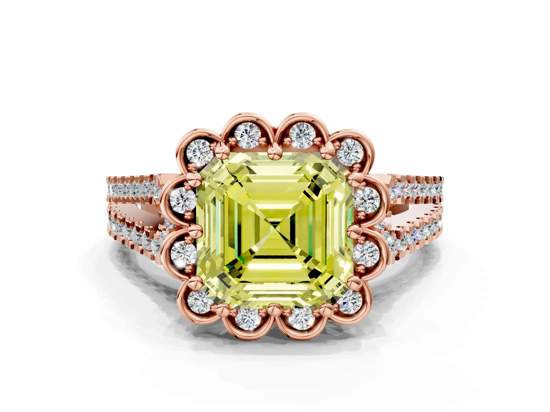 Rose gold Fancy Yellow Asscher  Halo Diamond Floral Split Shank Engagement Ring 1