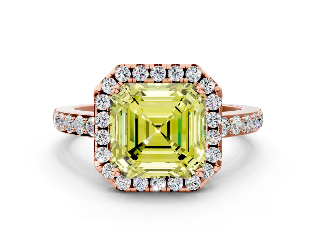 Rose gold Fancy Yellow Asscher  Halo Diamond Pavé Band Ring with Prong Setting