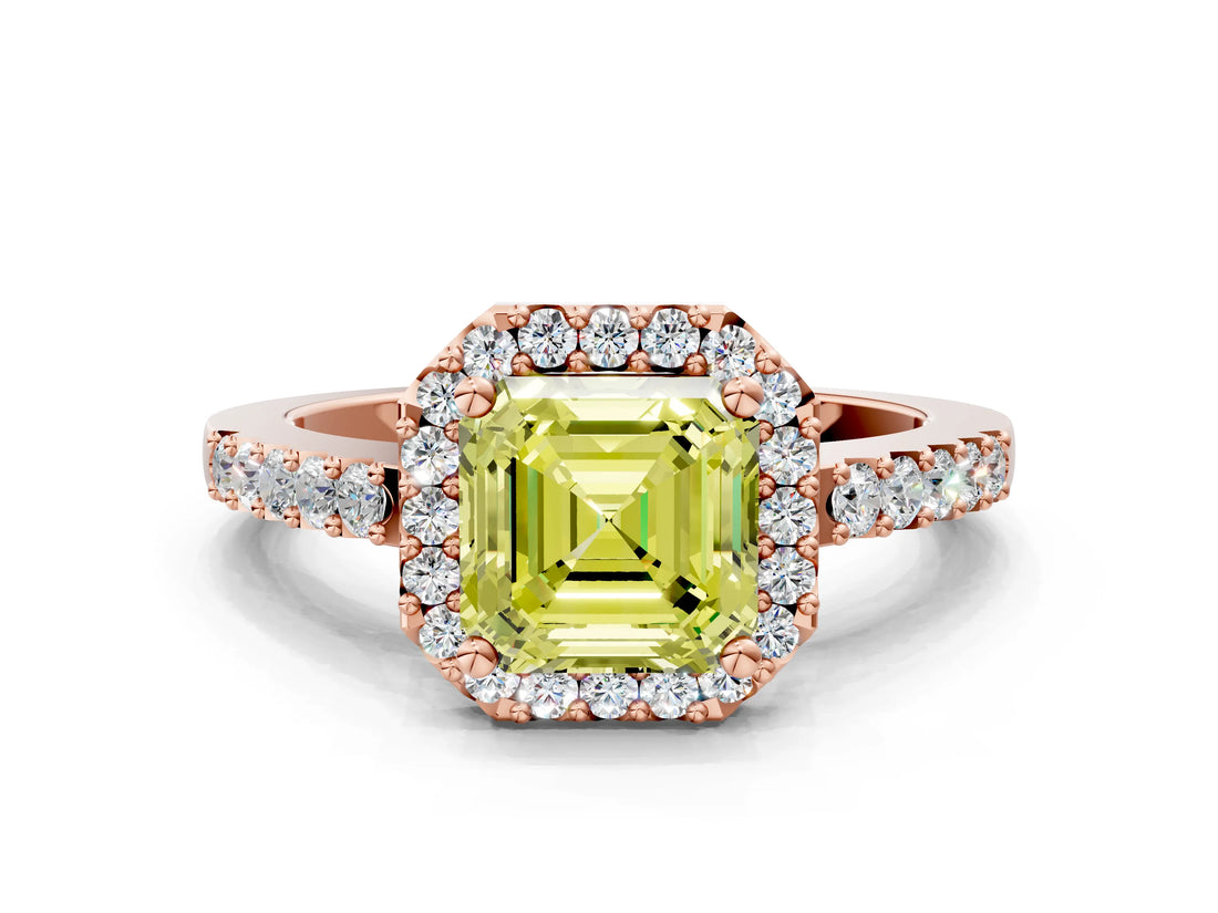 Rose gold Fancy Yellow Asscher  Halo Diamond Pavé Solitaire Ring_71