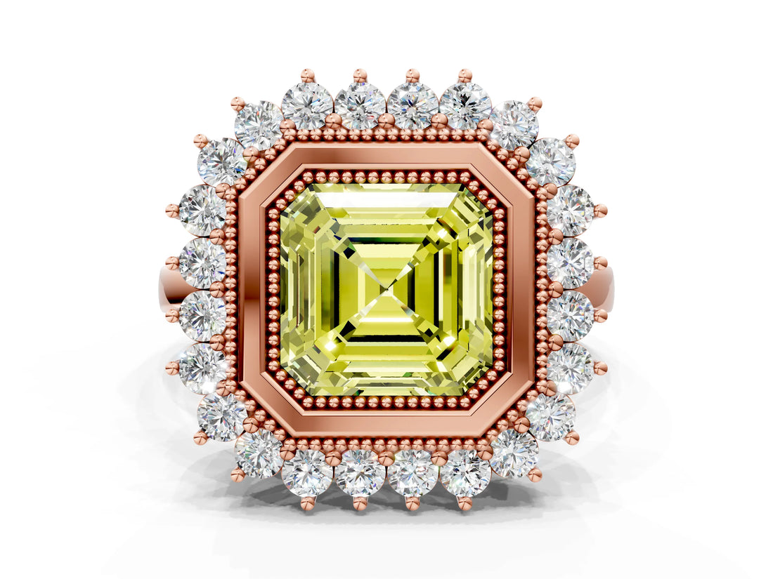Rose gold Fancy Yellow Asscher  Halo Diamond Ring with Milgrain Edge and Round Prong Setting_75