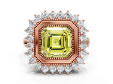 Rose gold Fancy Yellow Asscher  Halo Diamond Ring with Milgrain Edge and Round Prong Setting_75