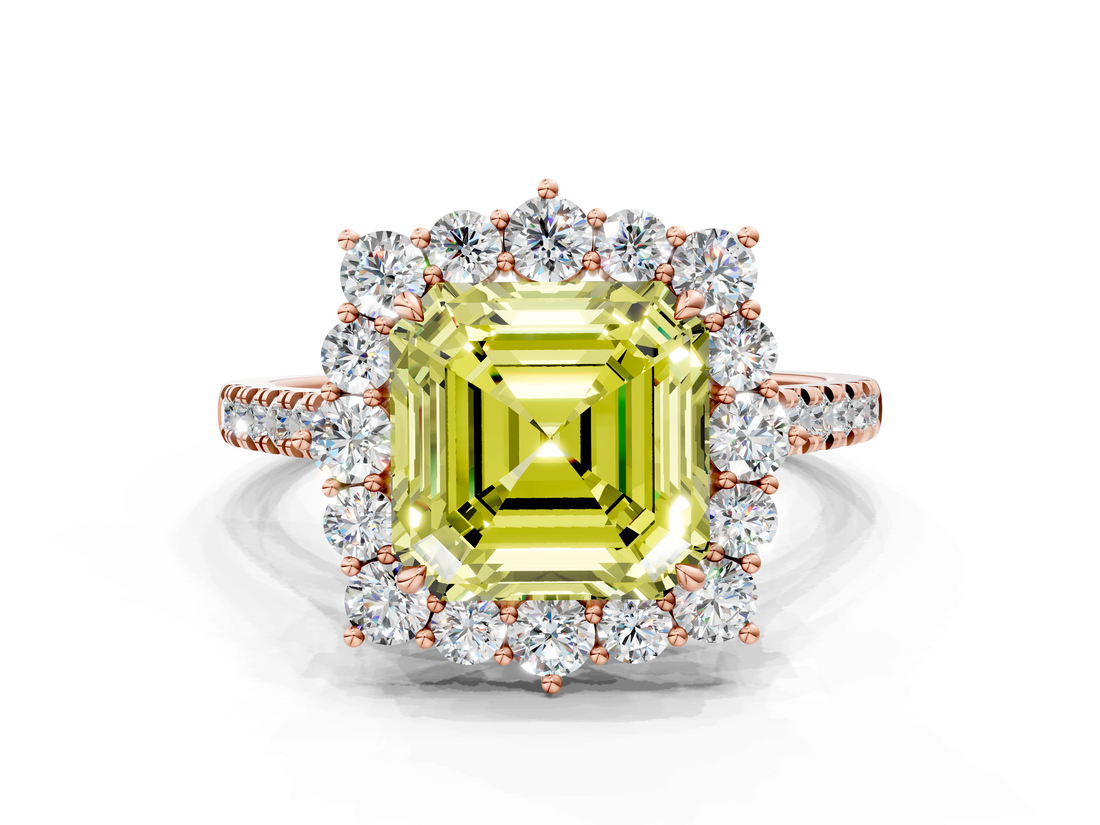 Rose gold Fancy Yellow Asscher  Halo Diamond Ring with Pavé Band and Prong Setting_17