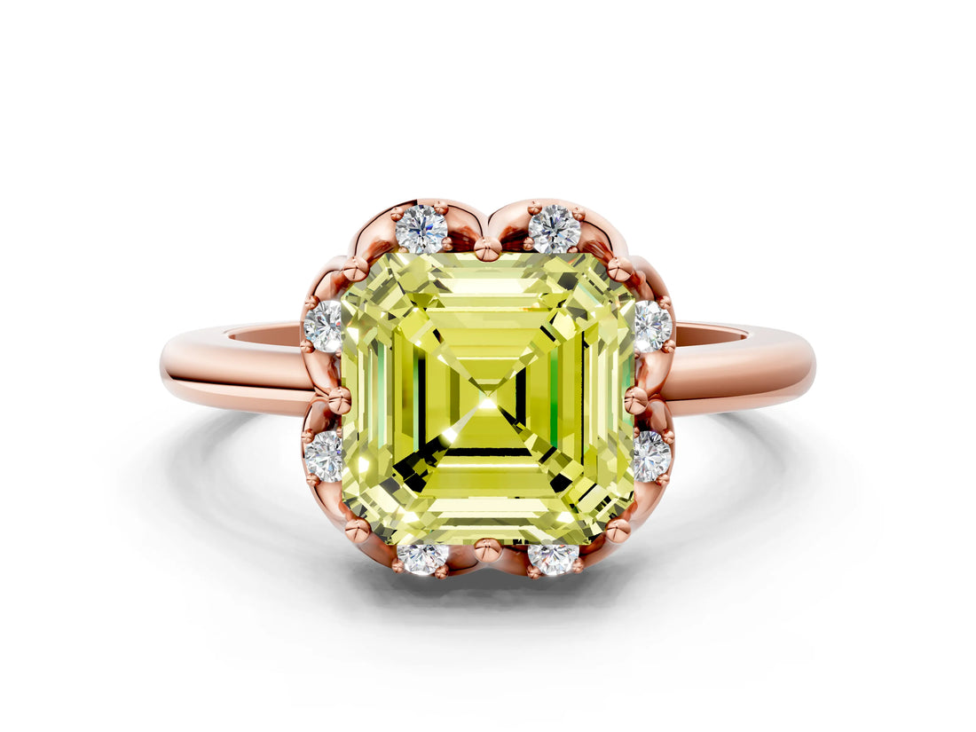 Rose gold Fancy Yellow Asscher  Halo Diamond Ring with Round Cluster Setting, Solitaire Band, and Four-Prong Setting_30