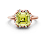 Rose gold Fancy Yellow Asscher  Halo Diamond Ring with Round Cluster Setting, Solitaire Band, and Four-Prong Setting_30