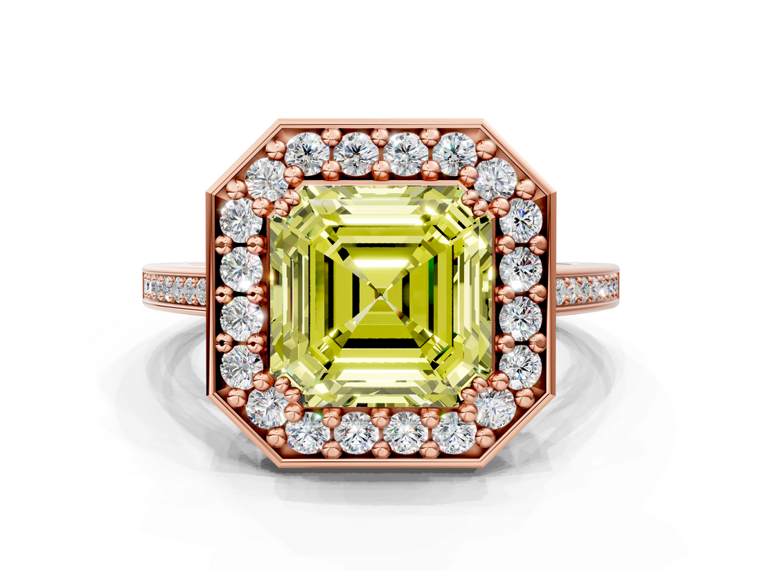 Rose gold Fancy Yellow Asscher  Halo Diamond Ring with Split Shank and Four-Prong Setting