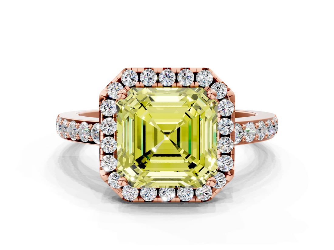 Rose gold Fancy Yellow Asscher  Halo Diamond Solitaire with Pavé Band and Four-Prong Setting_17