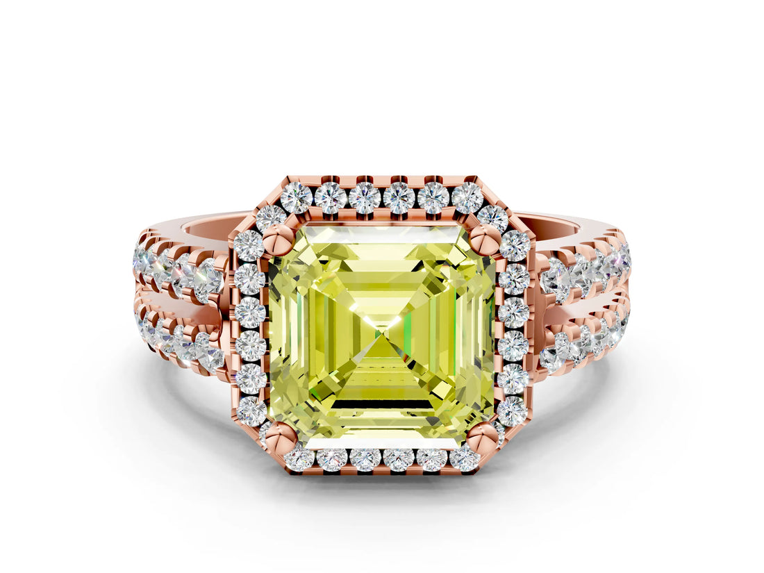 Rose gold Fancy Yellow Asscher  Halo Diamond Split Shank Engagement Ring with Prong Setting_75