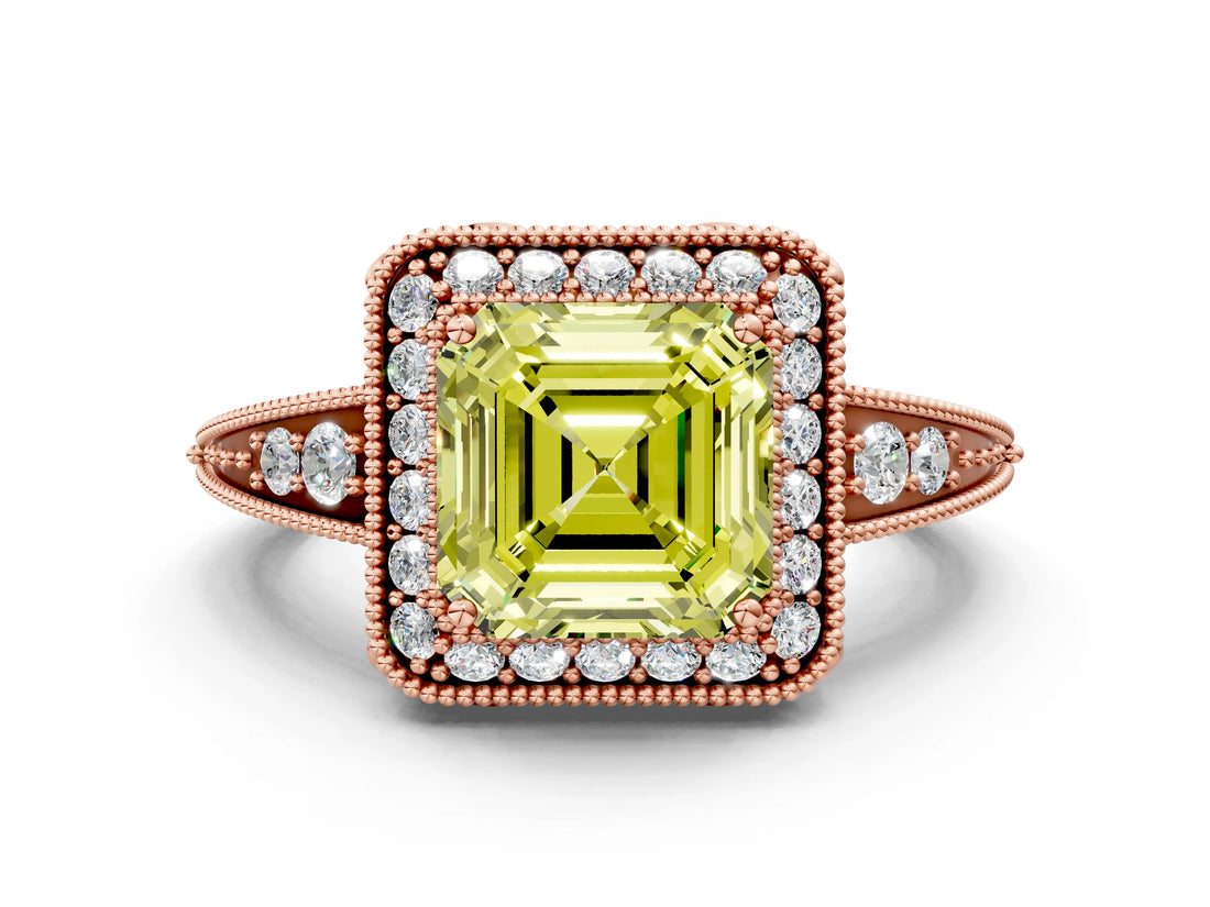 Rose gold Fancy Yellow Asscher  Halo Diamond Split Shank Ring with Milgrain Detail_30