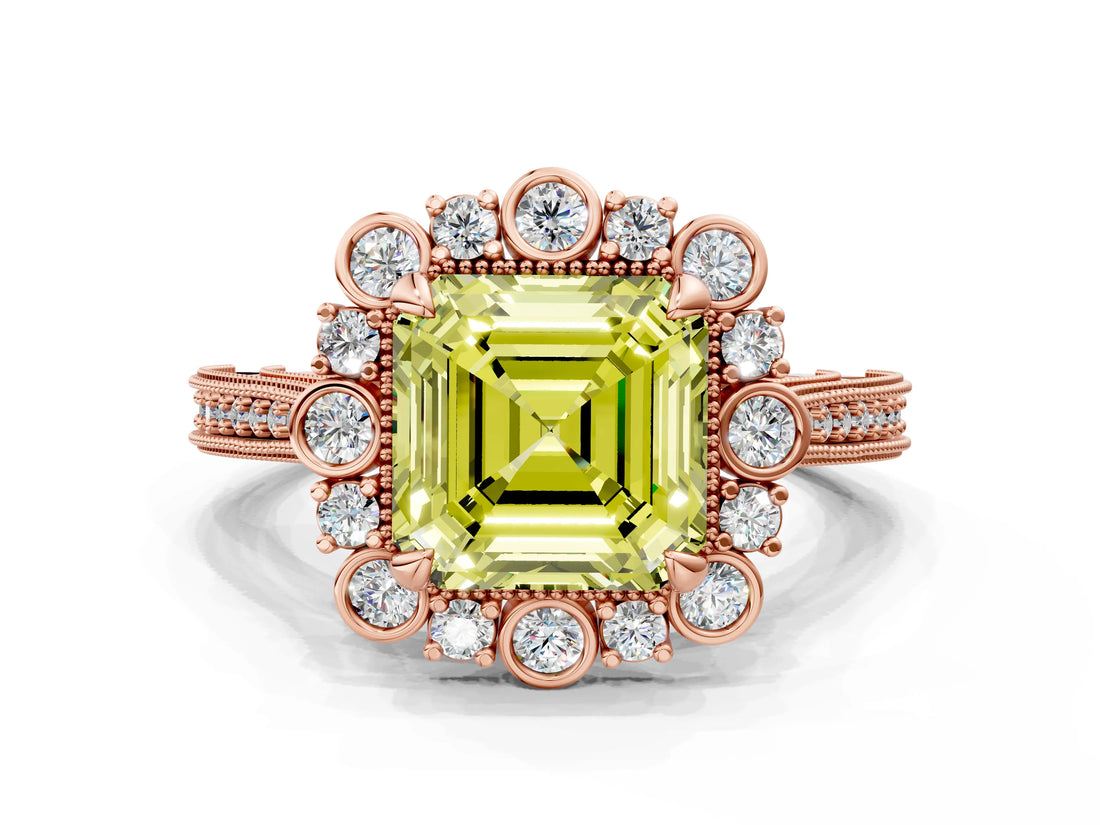 Rose gold Fancy Yellow Asscher  Halo Milgrain Pave Diamond Ring with Four-Prong Setting