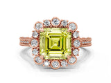 Rose gold Fancy Yellow Asscher  Halo Milgrain Pave Diamond Ring with Four-Prong Setting