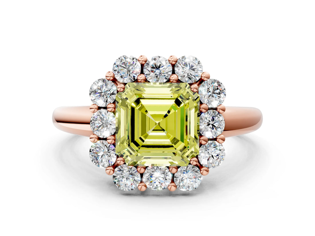 Rose gold Fancy Yellow Asscher  Halo Milgrain Solitaire with Bezel Set Side Stones and Pave Band_32