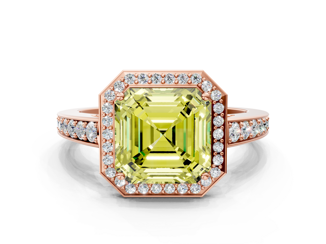 Rose gold Fancy Yellow Asscher  Halo Pavé Diamond Engagement Ring with Bezel Setting