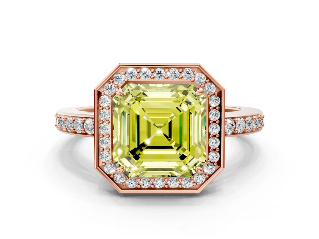 Rose gold Fancy Yellow Asscher  Halo Pave Band Solitaire Ring with Prong Setting_45