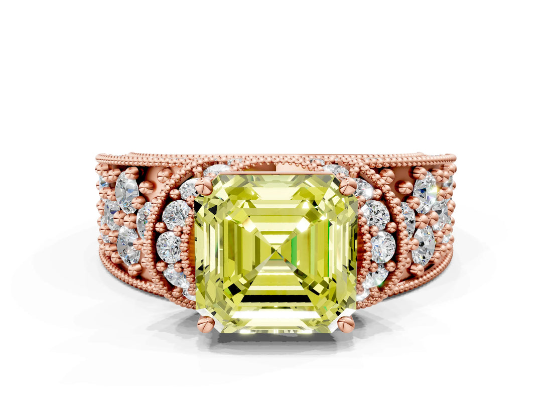 Rose gold Fancy Yellow Asscher  Halo Pave Diamond Engagement Ring with Milgrain Detailing_45