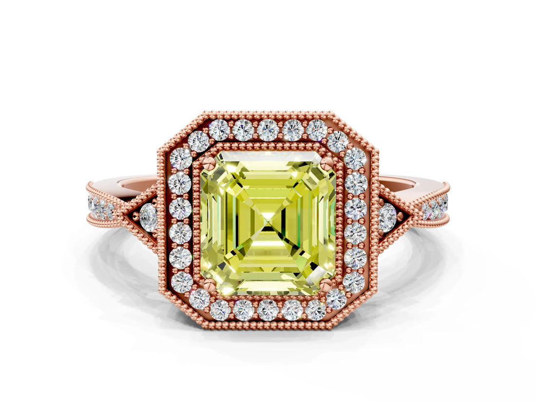 Rose gold Fancy Yellow Asscher  Halo Round Diamond Milgrain Pave Engagement Ring_3