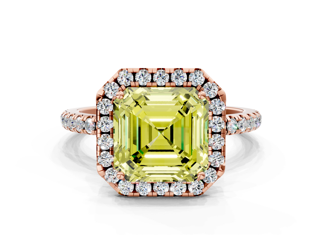 Rose gold Fancy Yellow Asscher  Halo Round Diamond Pavé Band Four-Prong Ring_3