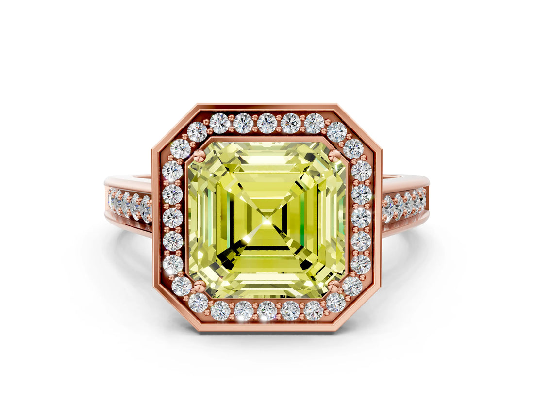 Rose gold Fancy Yellow Asscher  Halo Solitaire Diamond Ring with Pave Band and Bezel Setting_45