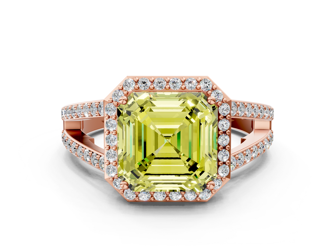 Rose gold Fancy Yellow Asscher  Halo Split Shank Diamond Ring with Four-Prong Setting_17