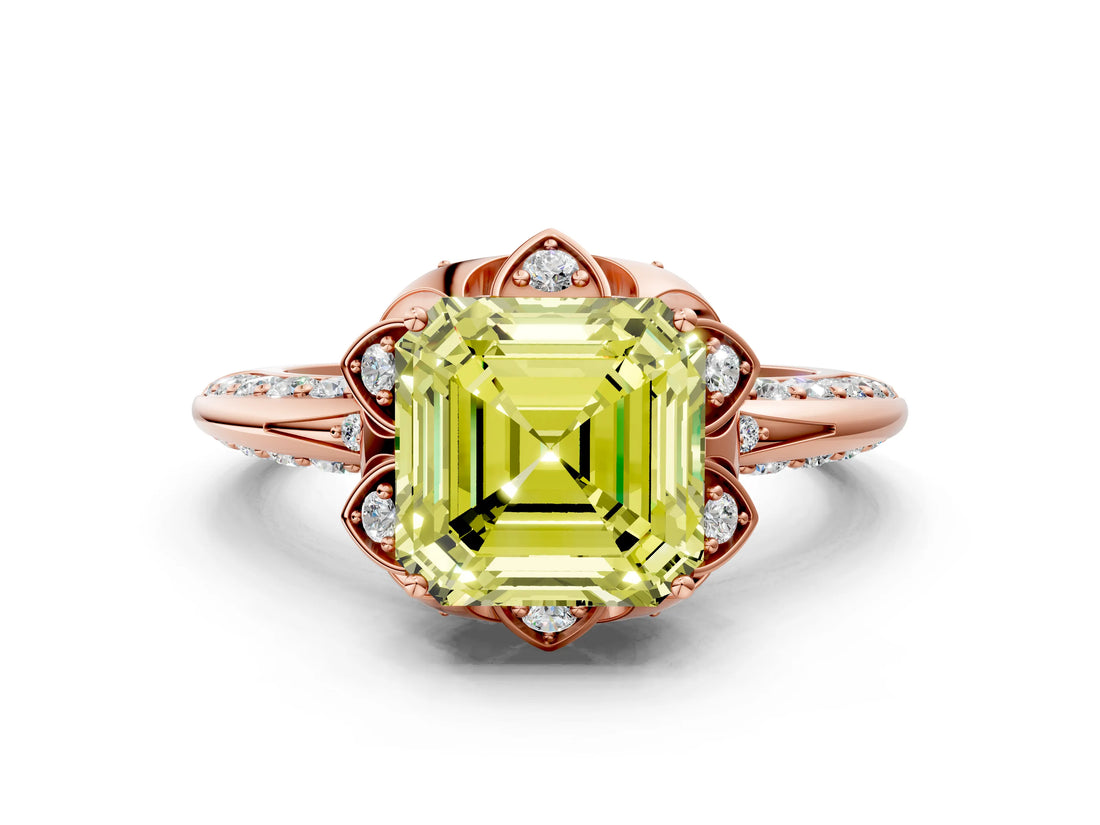 Rose gold Fancy Yellow Asscher  Halo Split Shank Pave Diamond Ring with Petal Prong Setting_20
