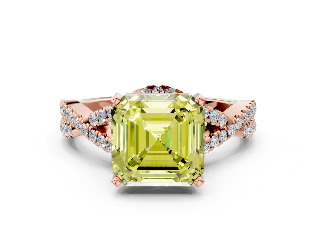 Rose gold Fancy Yellow Asscher  Halo Twist Band Solitaire Prong Setting Ring