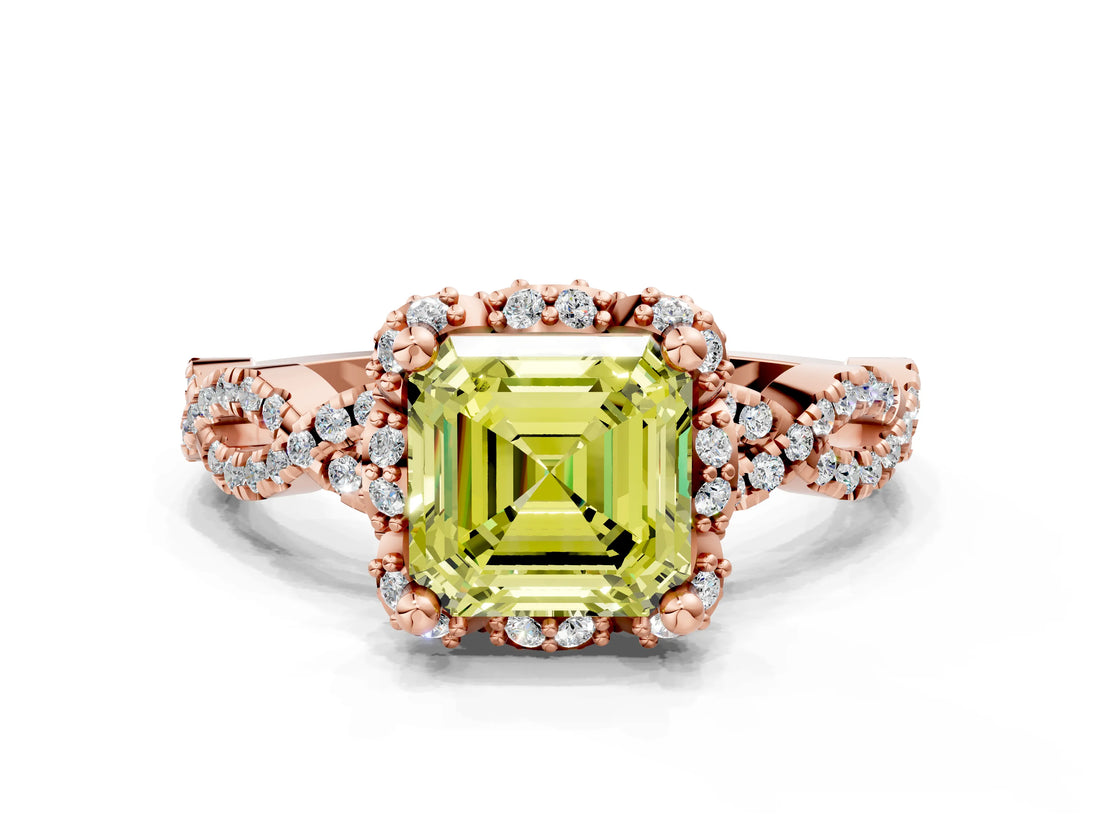 Rose gold Fancy Yellow Asscher  Halo Twist Band Solitaire Ring with Six-Prong Setting_32