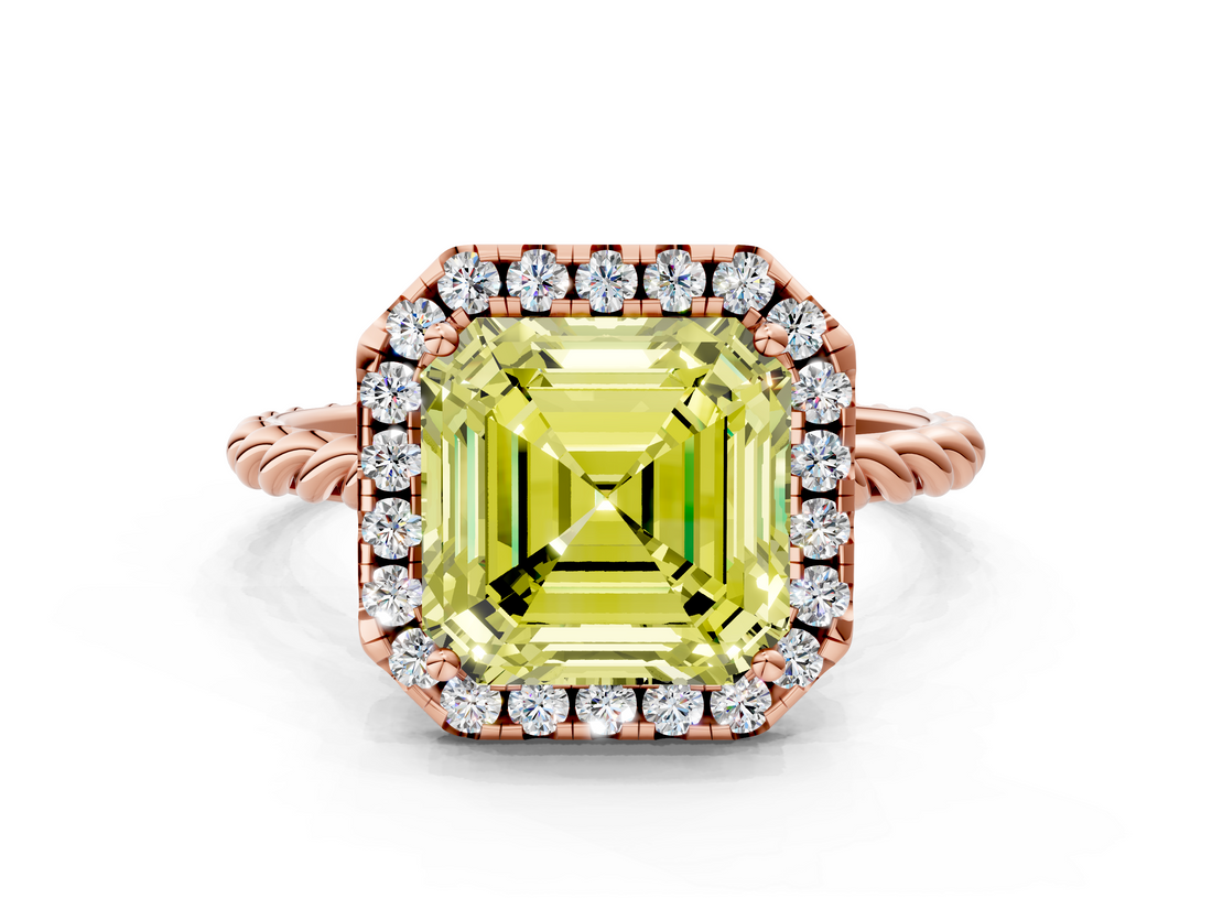 Rose gold Fancy Yellow Asscher  Halo Twisted Band Four-Prong Diamond Ring