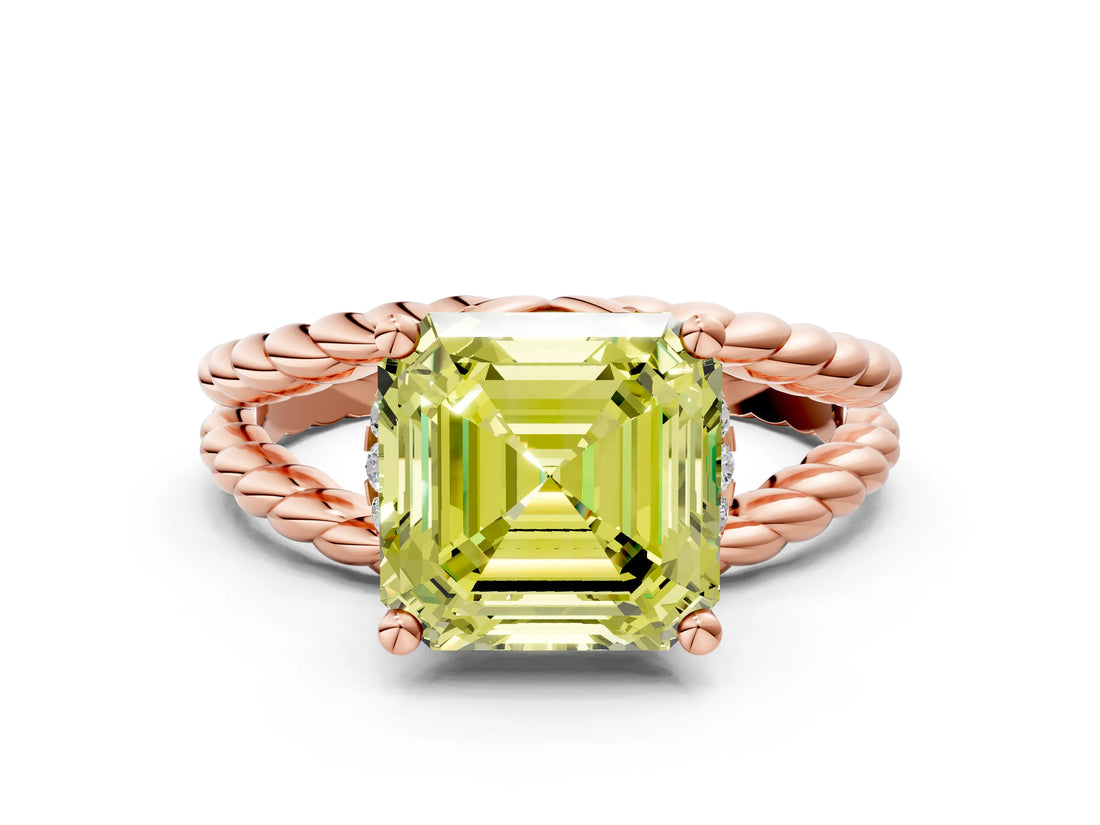 Rose gold Fancy Yellow Asscher  Halo Twisted Band Four-Prong Ring_32