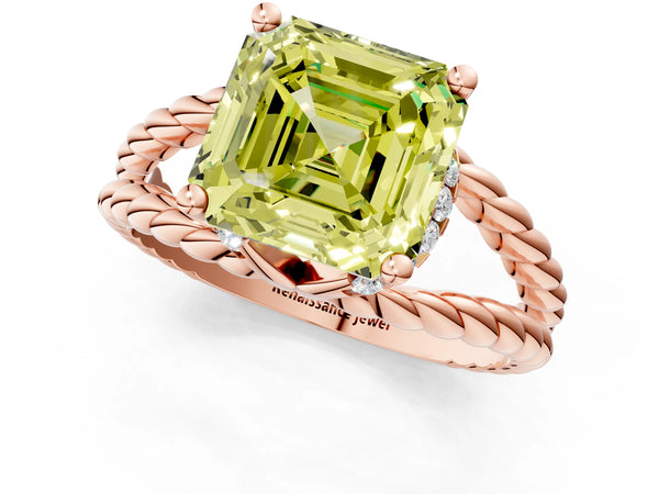 Rose Gold Asscher Cut Engagement Ring Setting for Fancy Yellow Center with Rope Split Shank