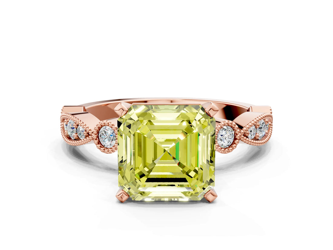 Rose gold Fancy Yellow Asscher  Milgrain Bezel Diamond Engagement Ring with Solitaire Prong Setting_29