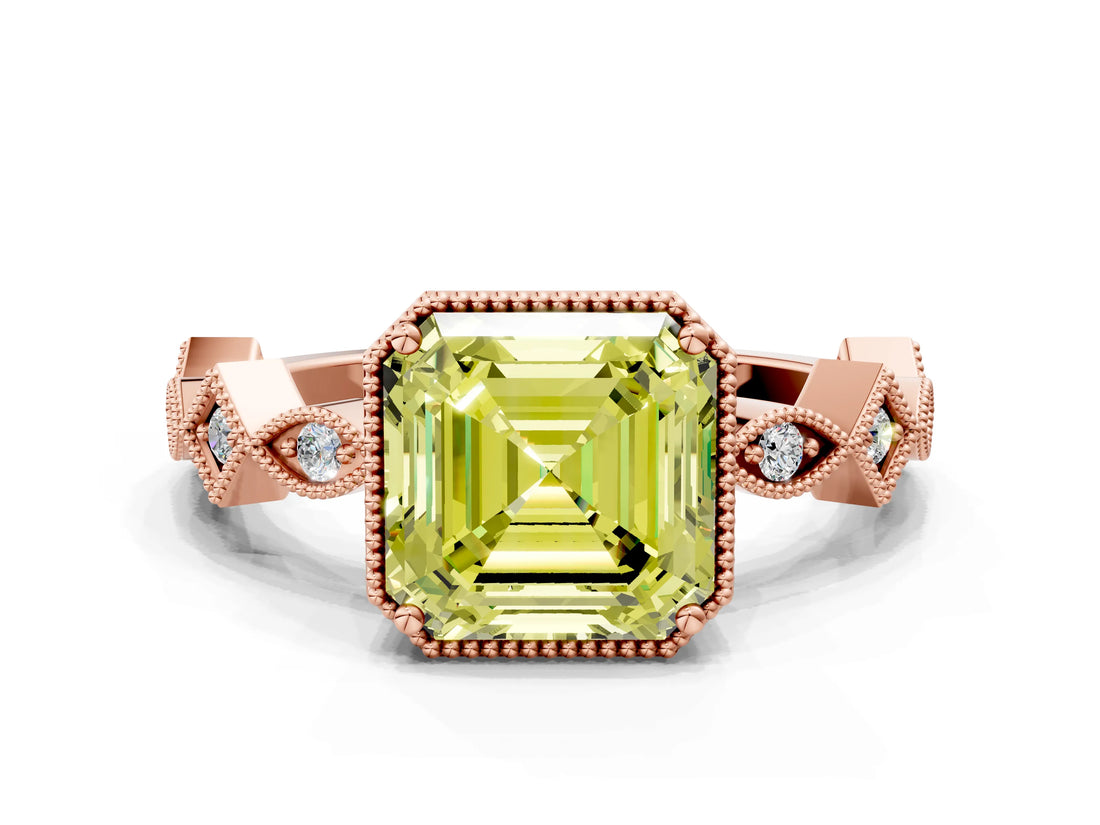 Rose gold Fancy Yellow Asscher  Milgrain Marquise Diamond Twist Band Ring_33